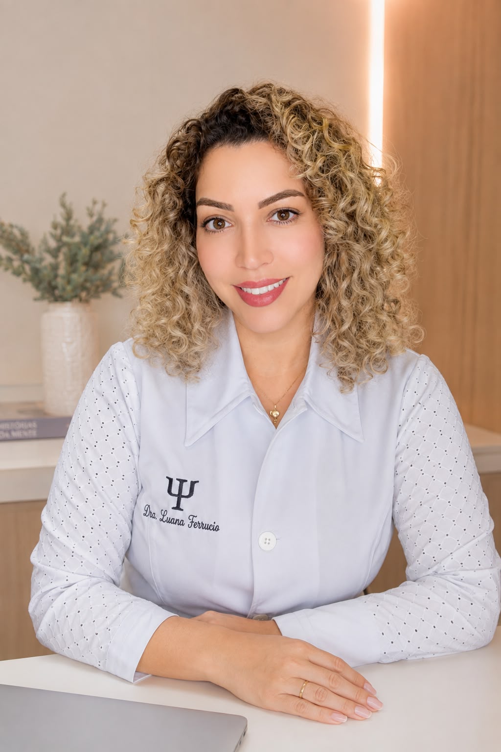 Dra. Luana Ferrucio, psicóloga responsável técnica, em seu consultório